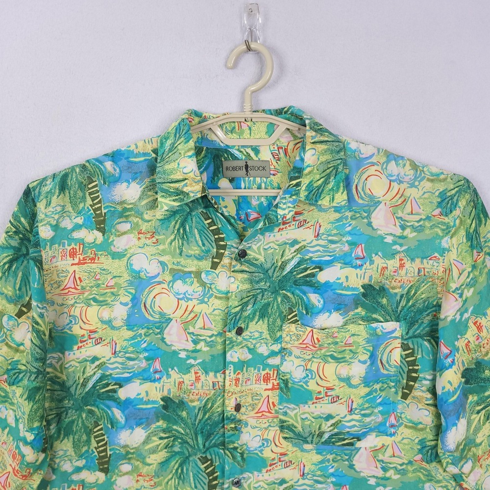 Robert Stock Shirt Mens Large Green Tropical Palm Tree Sailboat Button Front - Picture 3 of 13